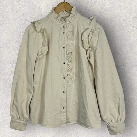 Sezane Eva Shirt Mottled Ecru Size 36 French / US 4 Ruffle‎ Button Top Blouse - Picture 14 of 16